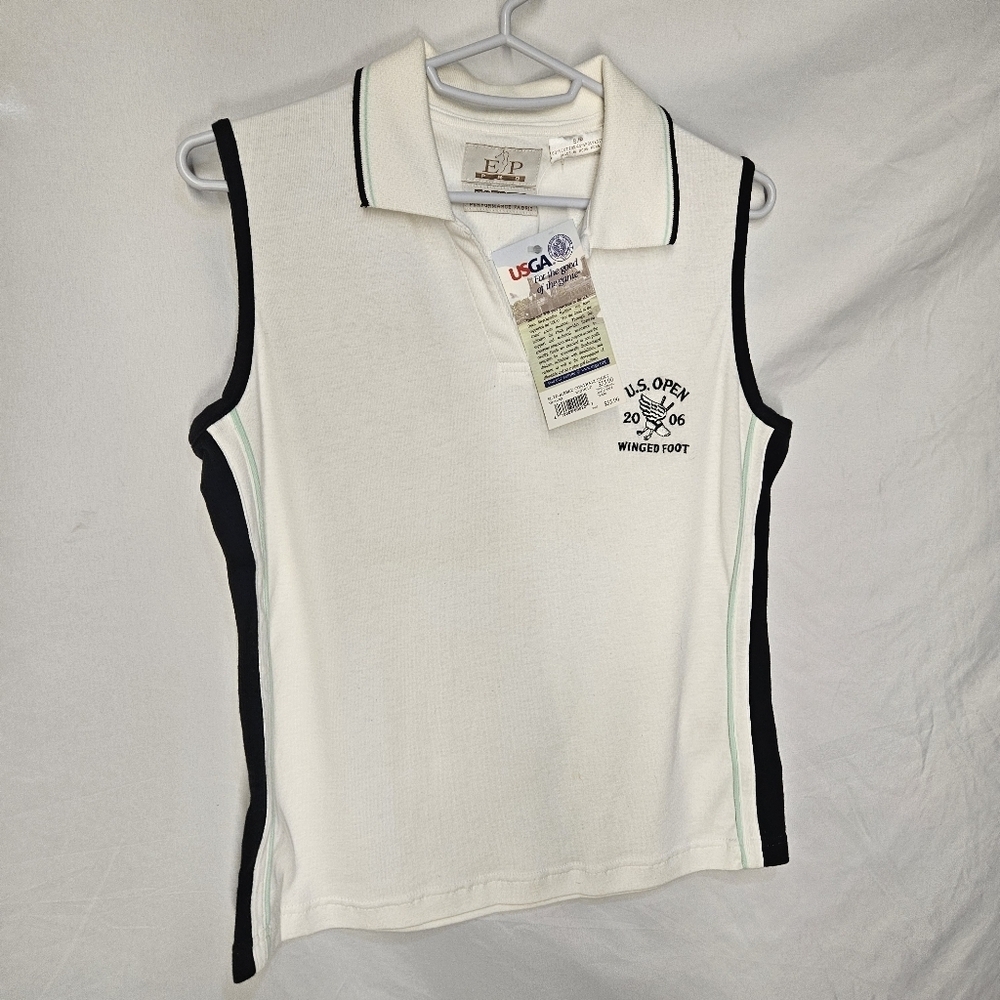 EP Pro Tour Tech Women Golf Polo  SM White Black VNeck Sleeveless Winged Foot 06